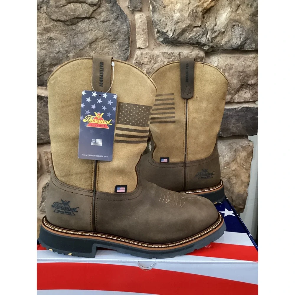 Thorogood Mens Size 9 D 814-4338 Crazy Horse Tan Work Western Flag Boots New